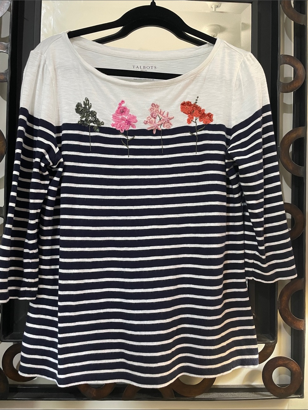 Talbots Navy and White Striped 3/4  Sleeve Top with Multicolor Floral Embroidery